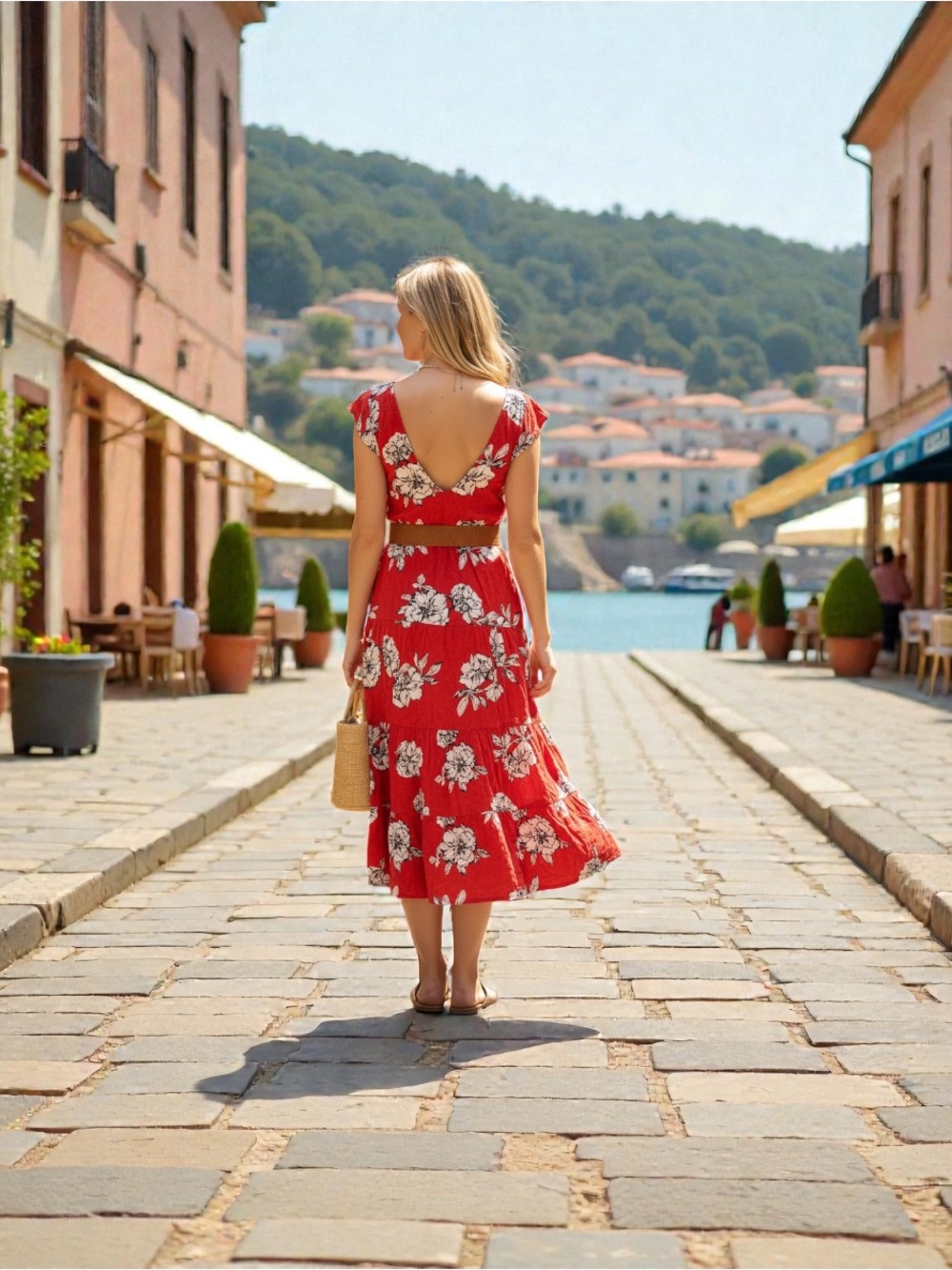 Free People Rita Tiered Flowy Midi beach Red Floral Print Scoop Open Back XS
